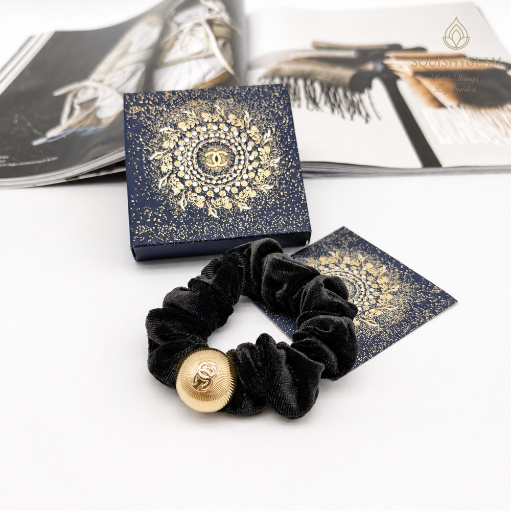 Chanel Beaute VIP Christmas Velvet Scrunchie Gold CC Medallion Hair Tie NIB